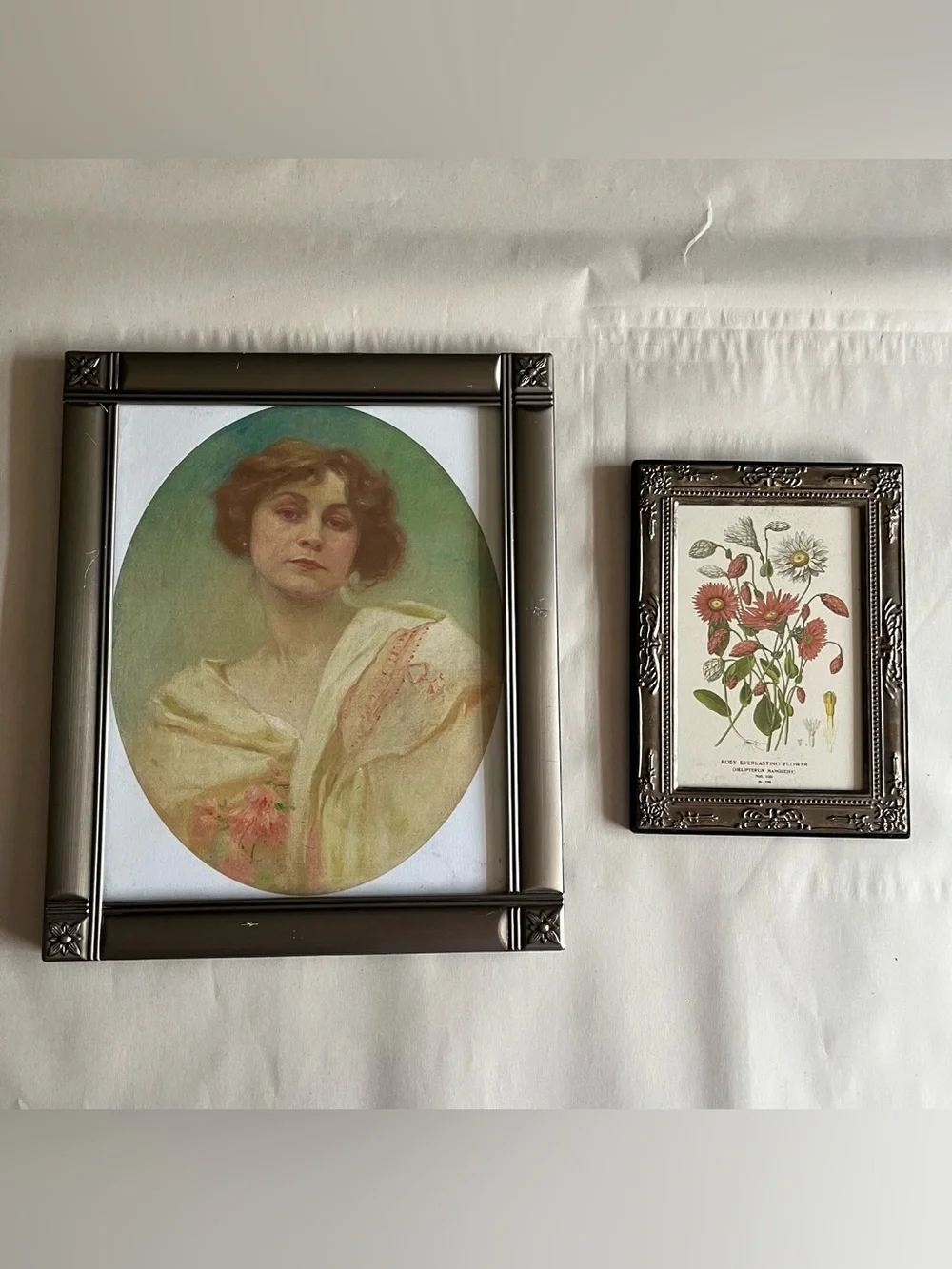 Vintage Silver Tone Picture Photo Frames w/ Fine Art Prints-Set of 2